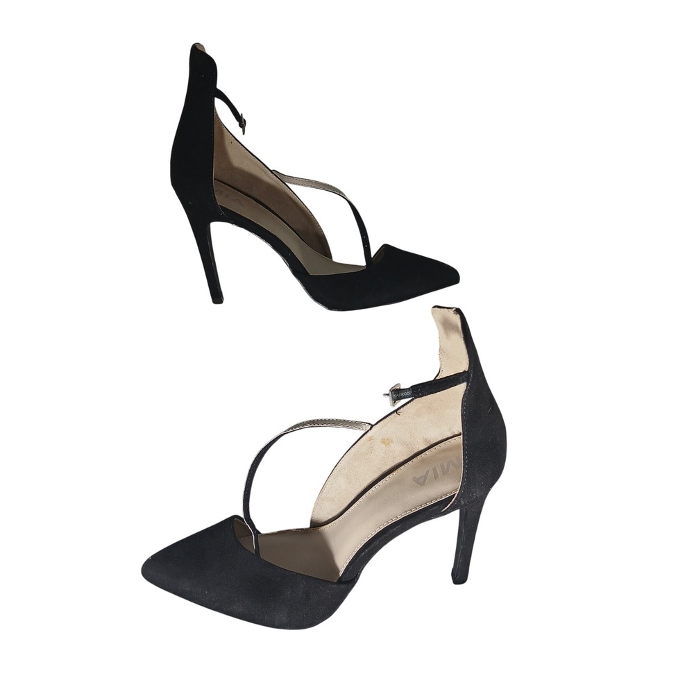 MIA Mona Pointed Toe Pumps 7.5 Black Faux Suede D'Orsay Stiletto Ankle Strap